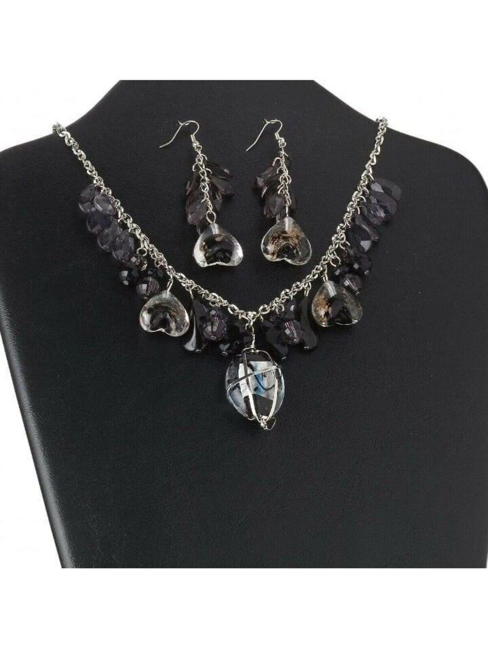 Black Clear Copper Silver Lampwork Glass Necklace Earrings Jewelry Set - Picture 3 of 3